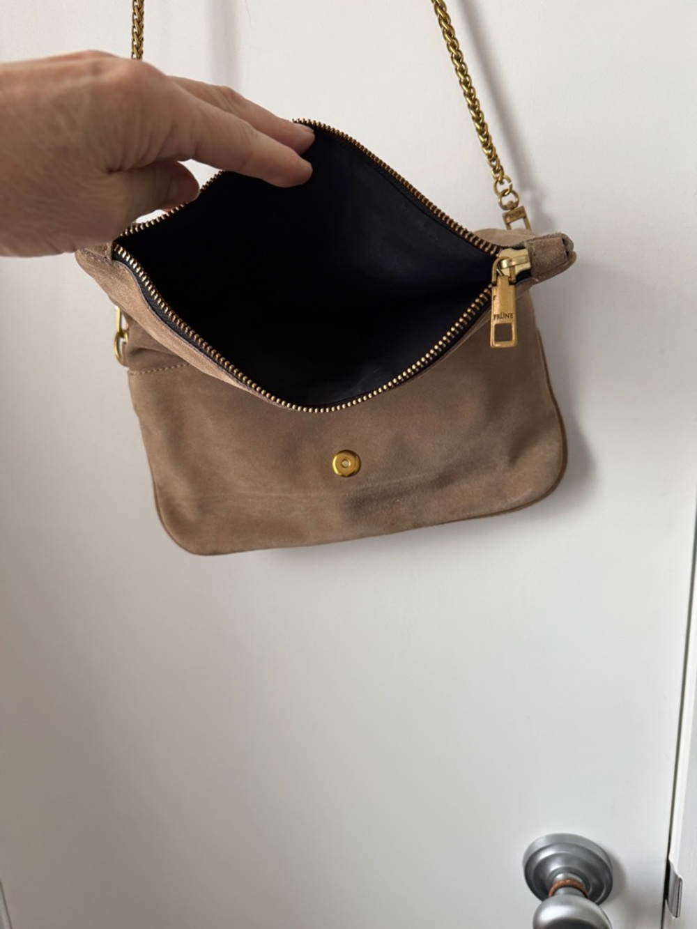 Prune Tan Suede Crossbody Bag with Gold Chain - Picture 15 of 16